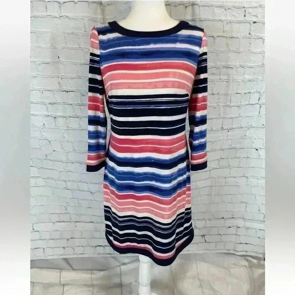 Vince Camuto Woman’s 8 Navy Blue Pink White Watercolor Stripe Dress Back zipper - Picture 1 of 16